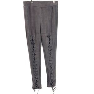 LE LIS Faux Suede Legging Pants Medium Grey Lace Up Front
